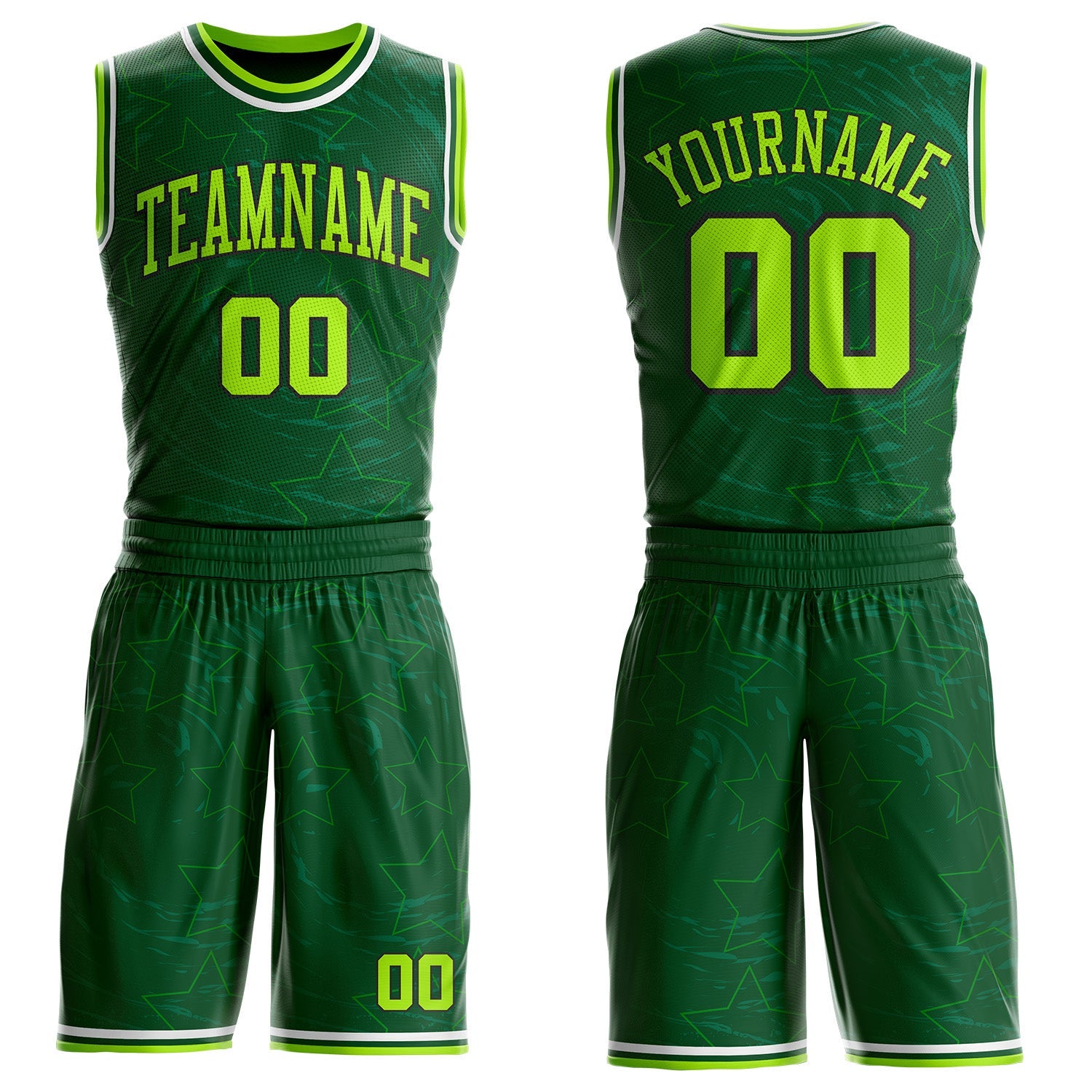 Custom Green Neon Green Black-White Geometric Star Texture Round Neck Sublimation Basketball Uniform Jersey - Main View