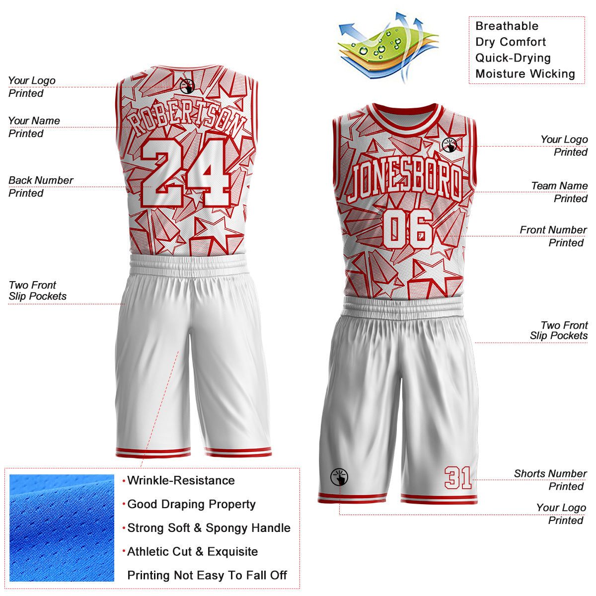 Custom White-Red Geometric Star Texture Round Neck Sublimation Basketball Uniform Jersey view 2