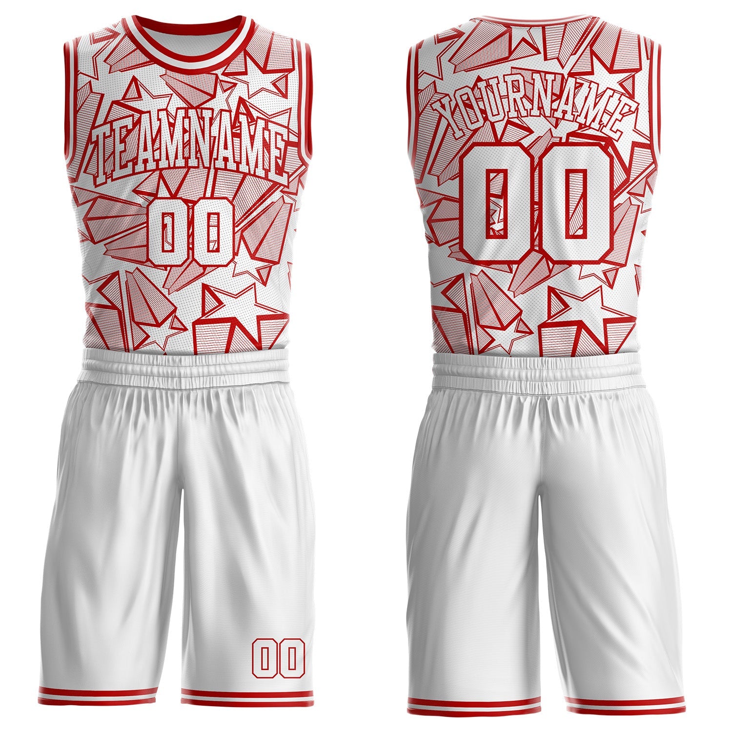 Custom White-Red Geometric Star Texture Round Neck Sublimation Basketball Uniform Jersey - Main View