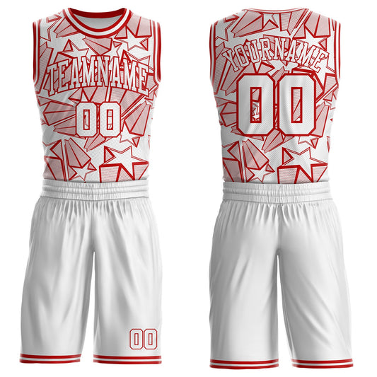 Custom White-Red Geometric Star Texture Round Neck Sublimation Basketball Uniform Jersey - Main View