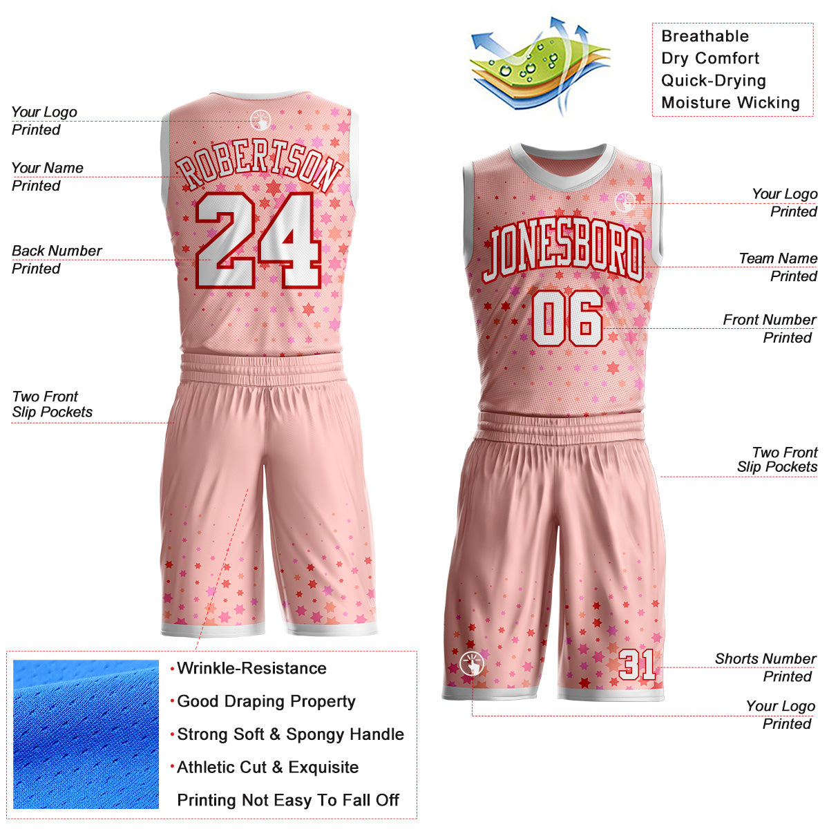 Custom Pink White-Red Star Starry Speckle Round Neck Sublimation Basketball Uniform Jersey view 2