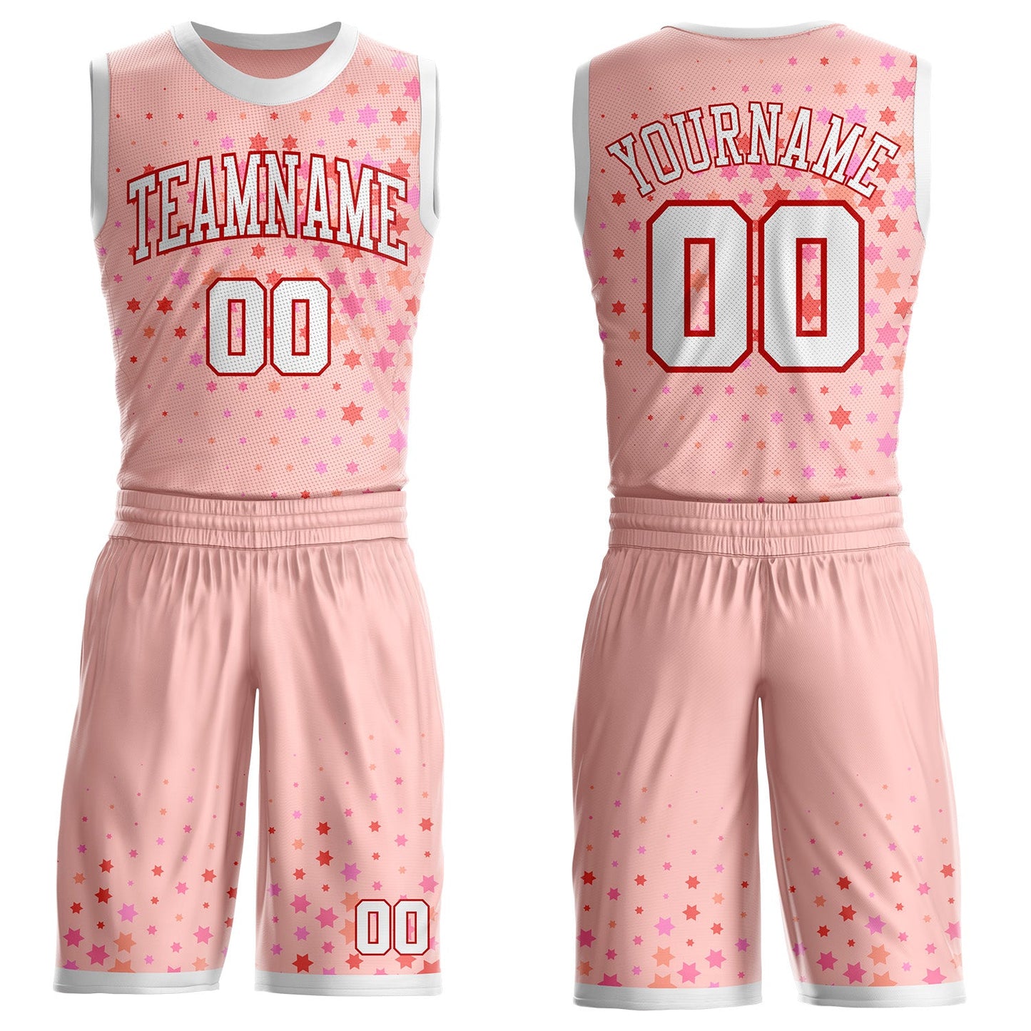 Custom Pink White-Red Star Starry Speckle Round Neck Sublimation Basketball Uniform Jersey - Main View