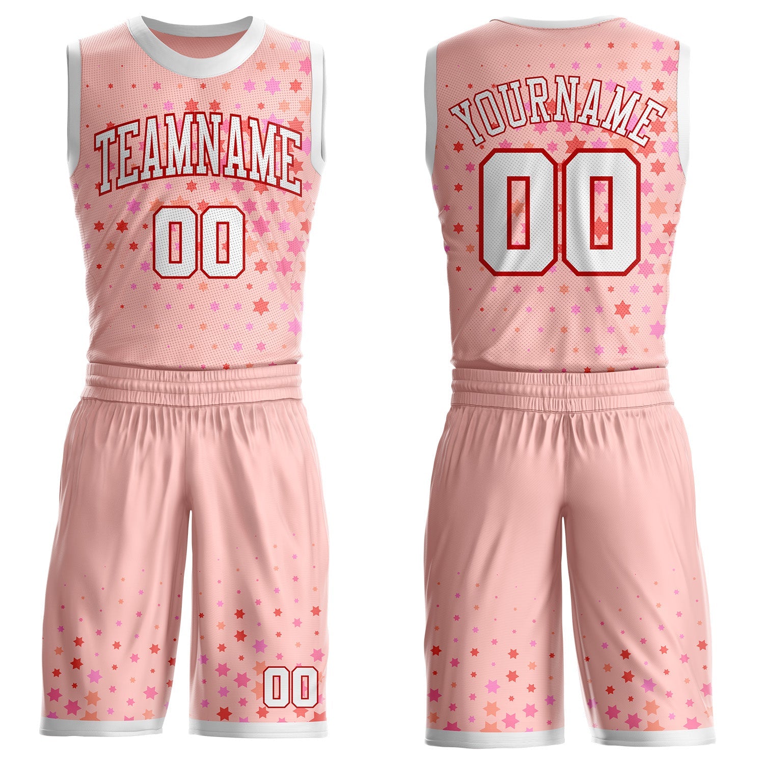 Custom Pink White-Red Star Starry Speckle Round Neck Sublimation Basketball Uniform Jersey - Main View