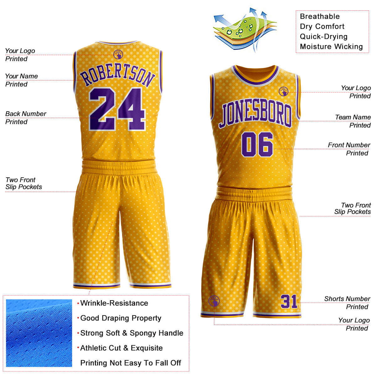 Custom Gold Purple-White Star Starry Speckle Round Neck Sublimation Basketball Uniform Jersey view 2