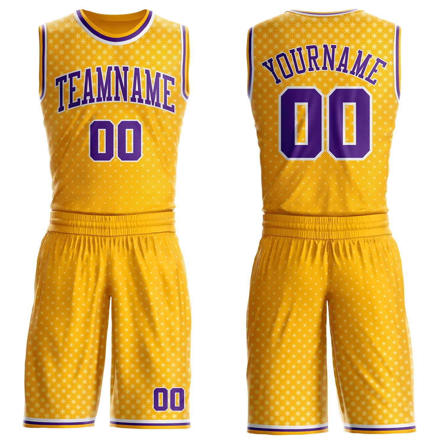 Custom Gold Purple-White Star Starry Speckle Round Neck Sublimation Basketball Uniform Jersey - Main View