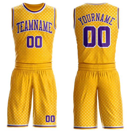 Custom Gold Purple-White Star Starry Speckle Round Neck Sublimation Basketball Uniform Jersey - Main View