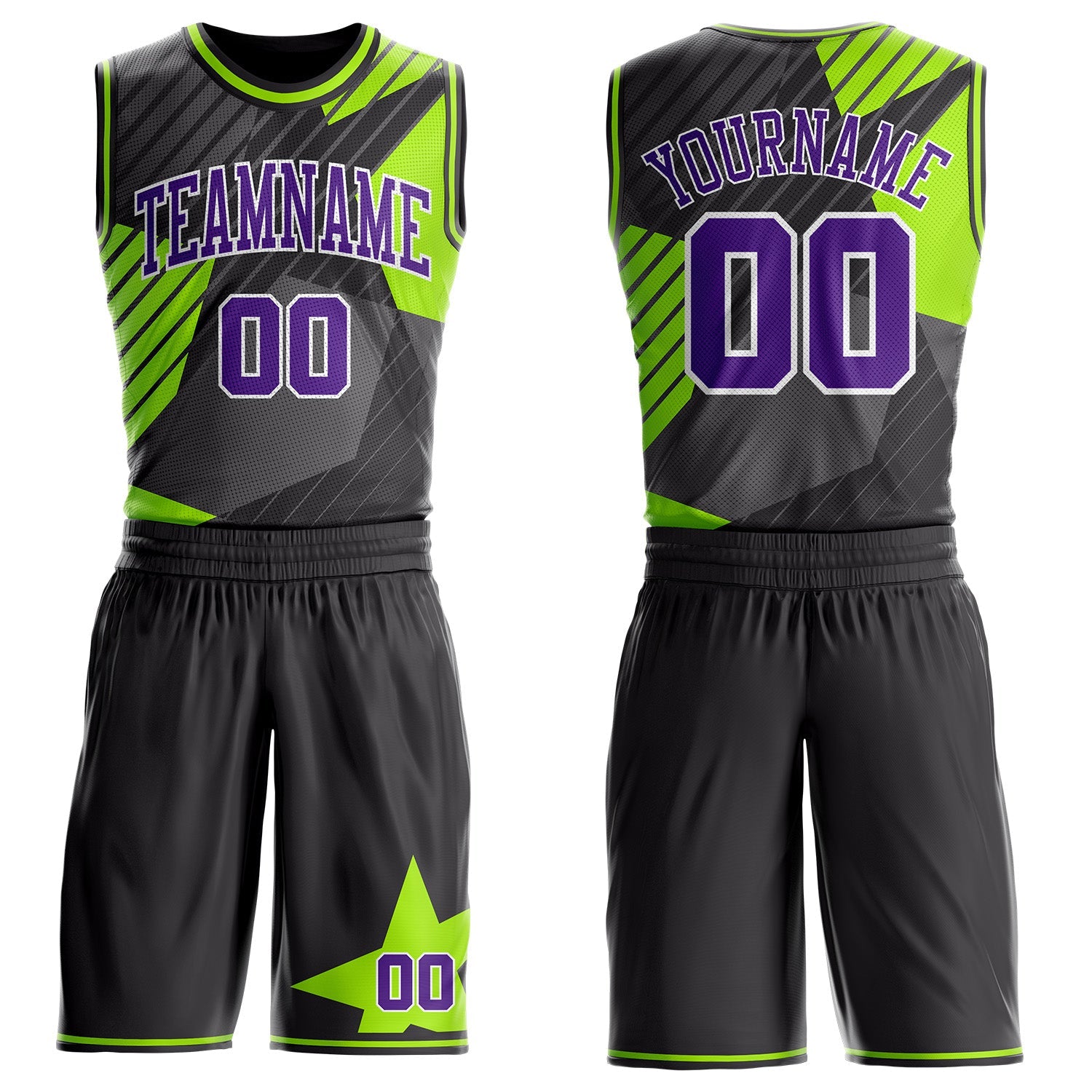 Custom Black Purple White-Neon Green Stripe Star Color Block Round Neck Sublimation Basketball Uniform Jersey - Main View