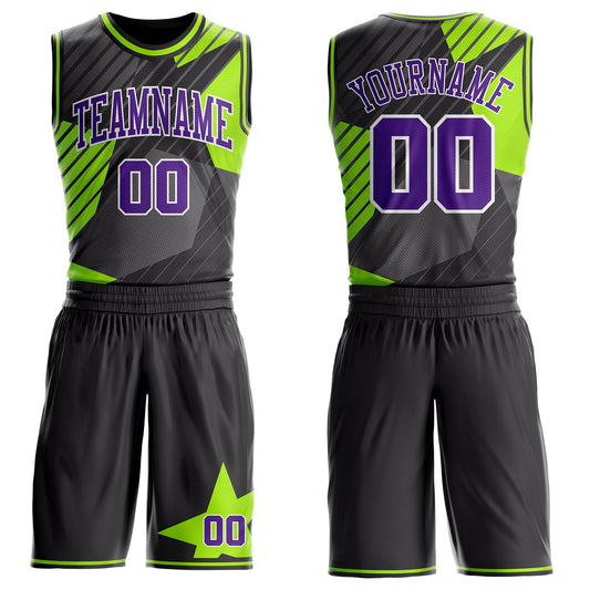 Custom Black Purple White-Neon Green Stripe Star Color Block Round Neck Sublimation Basketball Uniform Jersey - Main View