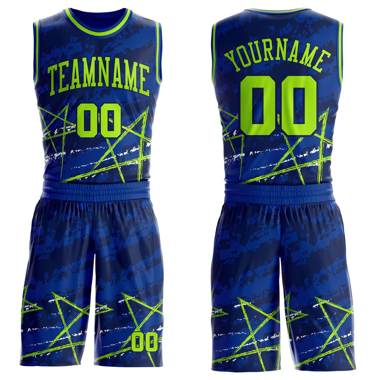 Custom Royal Neon Green-Navy Star Splatter Brush Stroke Round Neck Sublimation Basketball Uniform Jersey - Main View