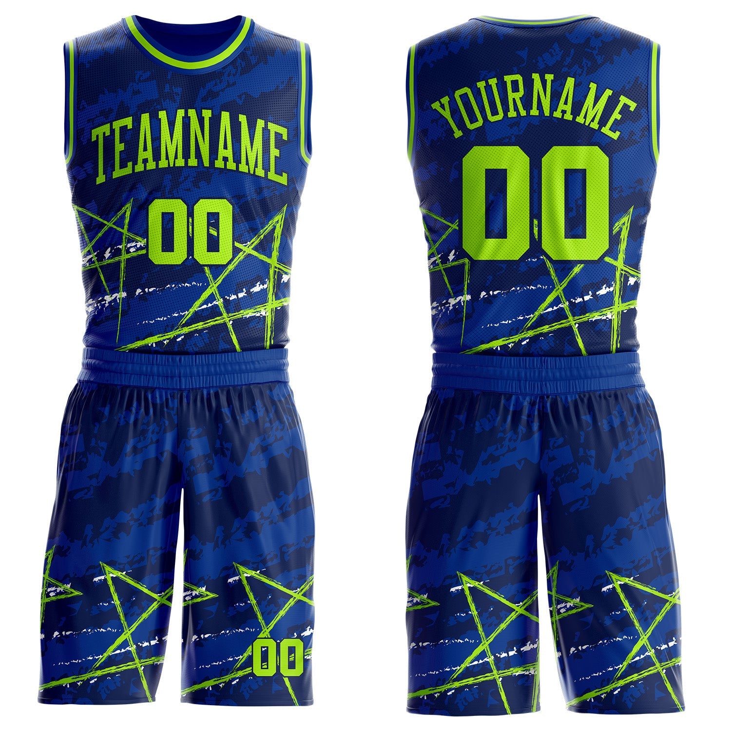 Custom Royal Neon Green-Navy Star Splatter Brush Stroke Round Neck Sublimation Basketball Uniform Jersey - Main View