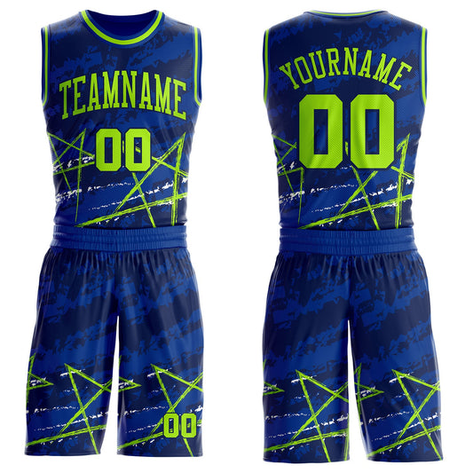 Custom Royal Neon Green-Navy Star Splatter Brush Stroke Round Neck Sublimation Basketball Uniform Jersey - Main View