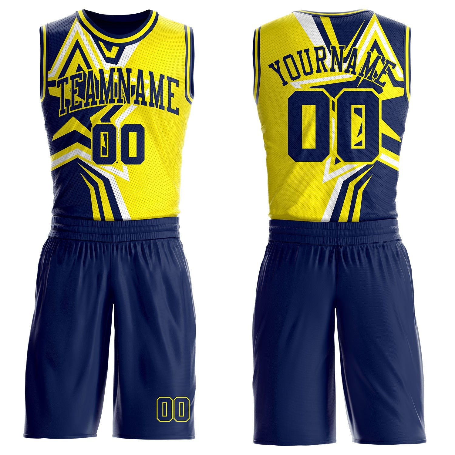 Custom Navy-Light Yellow Geometric Stripe Star Color Block Round Neck Sublimation Basketball Uniform Jersey - Main View