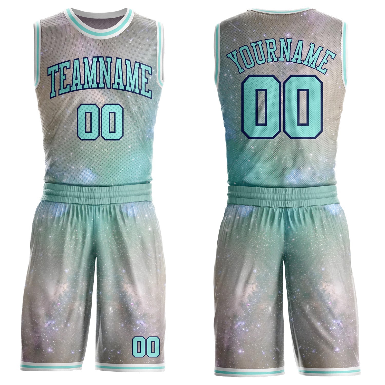 Custom Gray Ice Blue Navy-White Nebula Starry Galaxy Space Round Neck Sublimation Basketball Uniform Jersey - Main View