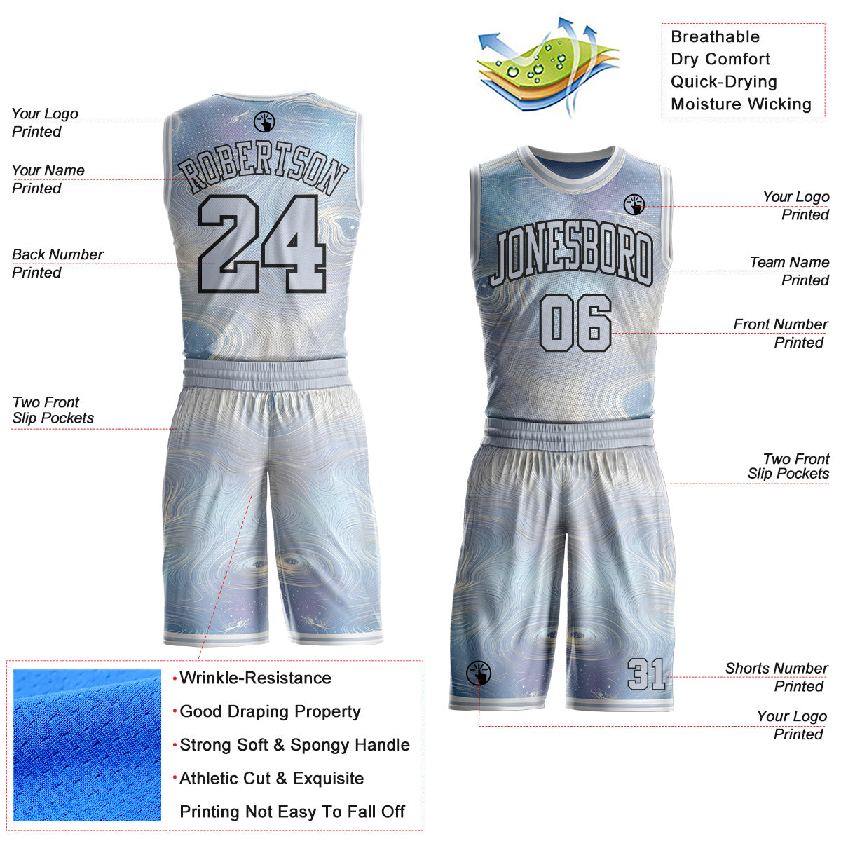 Custom Gray Black-White Nebula Starry Galaxy Space Round Neck Sublimation Basketball Uniform Jersey view 2