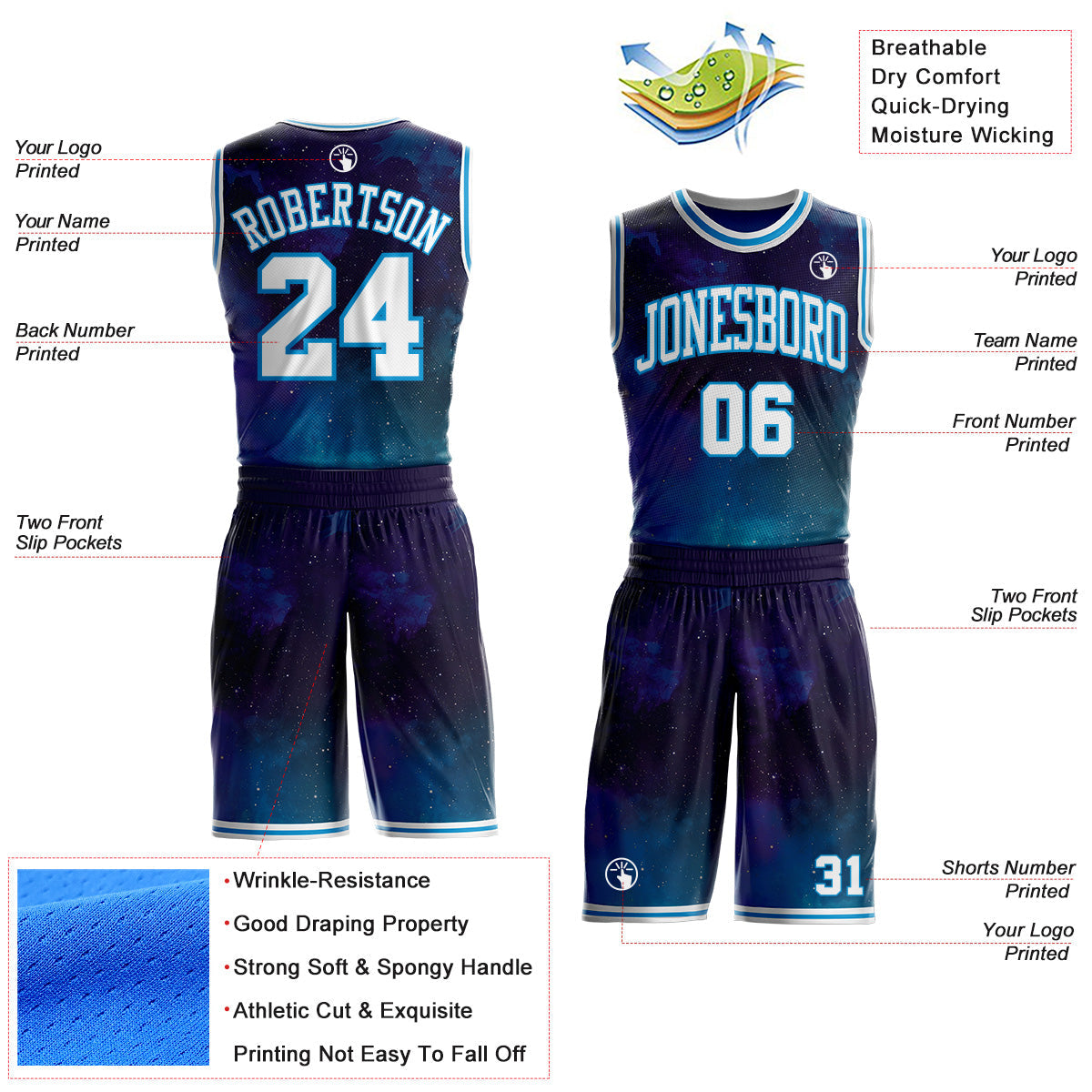 Custom Blue-White Nebula Starry Galaxy Space Round Neck Sublimation Basketball Uniform Jersey view 2
