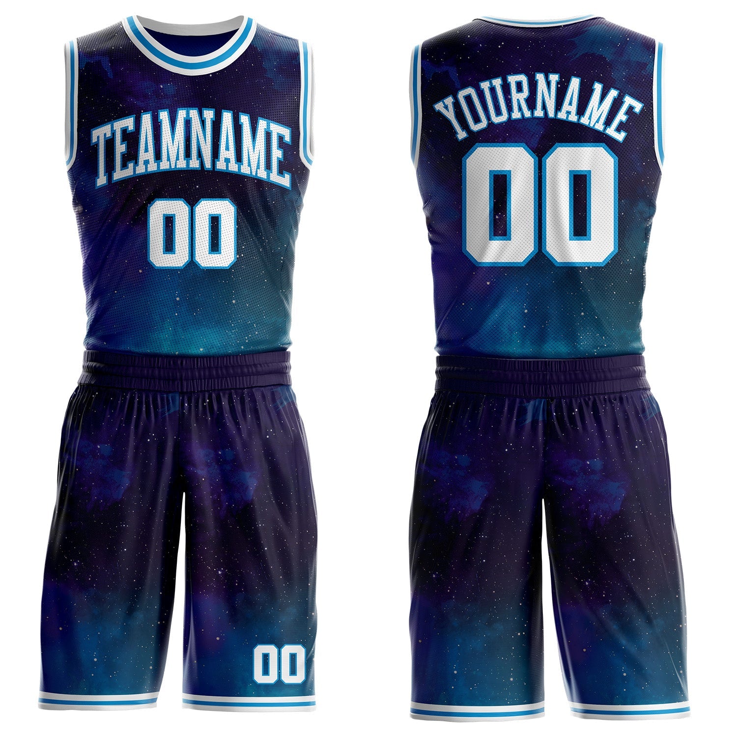 Custom Blue-White Nebula Starry Galaxy Space Round Neck Sublimation Basketball Uniform Jersey - Main View