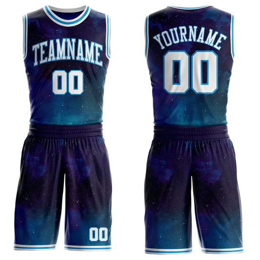 Custom Blue-White Nebula Starry Galaxy Space Round Neck Sublimation Basketball Uniform Jersey - Main View