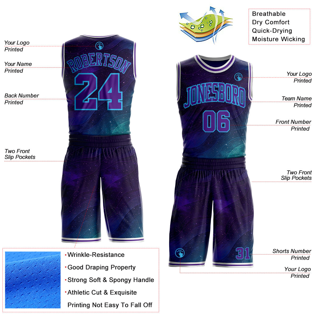 Custom Blue Purple Sky Blue-White Nebula Starry Galaxy Space Round Neck Sublimation Basketball Uniform Jersey view 2
