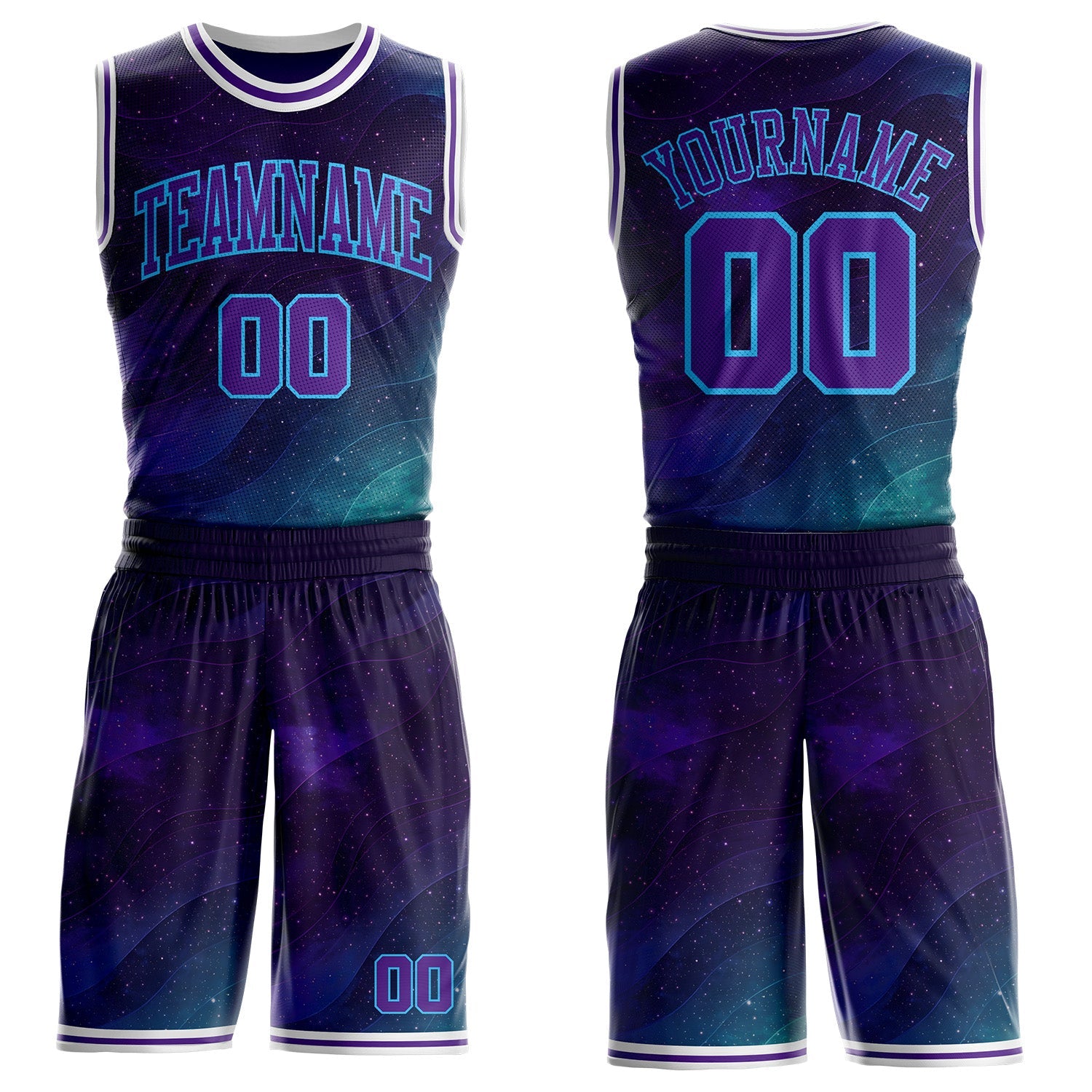 Custom Blue Purple Sky Blue-White Nebula Starry Galaxy Space Round Neck Sublimation Basketball Uniform Jersey - Main View