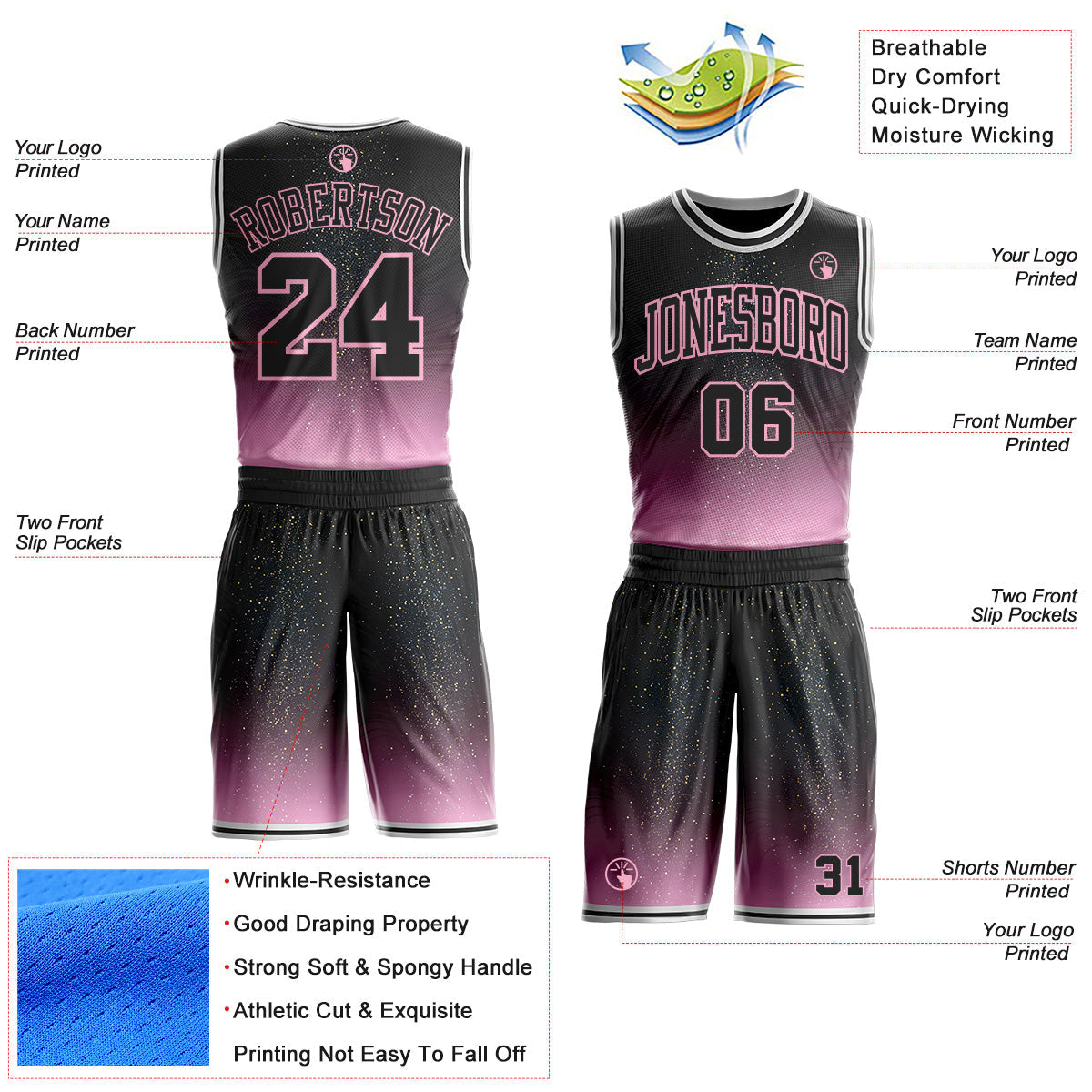 Custom Black Light Pink-White Nebula Starry Aurora Galaxy Space Round Neck Sublimation Basketball Uniform Jersey view 2