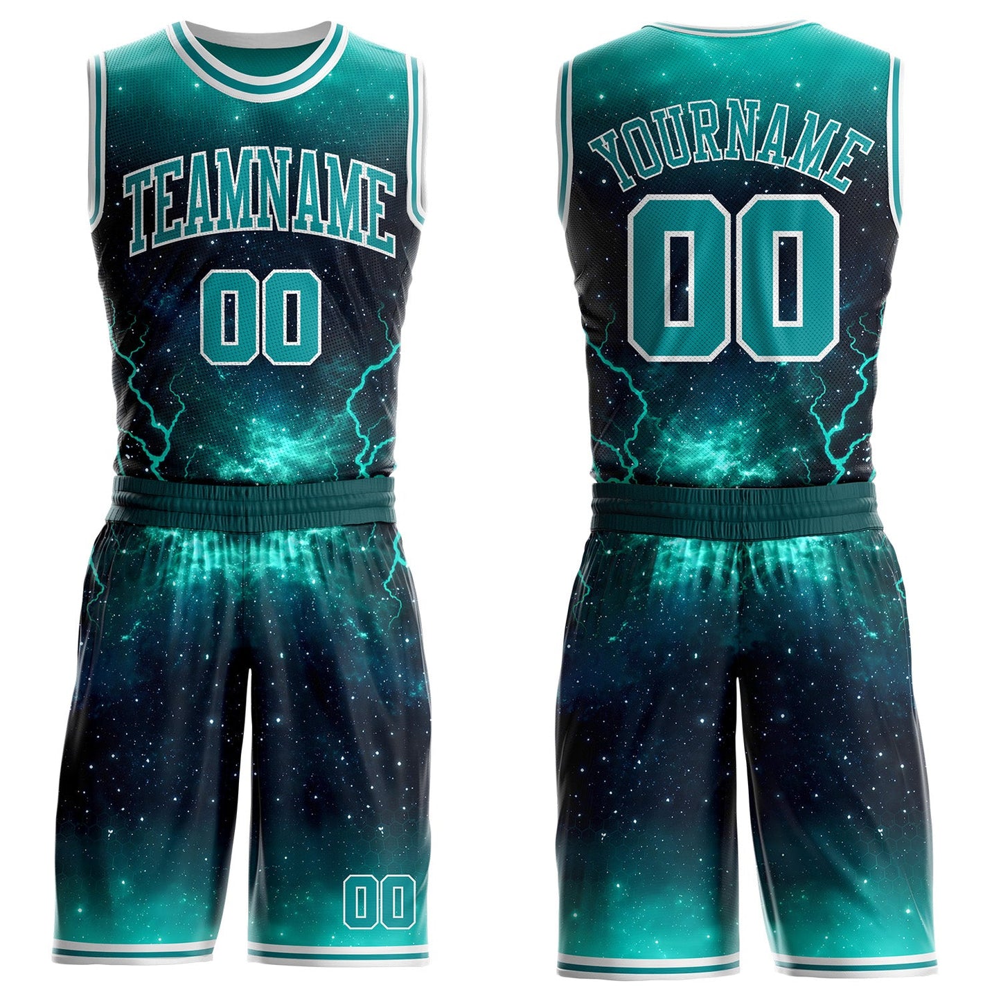 Custom Blue Teal-White Lightning Nebula Starry Aurora Galaxy Space Round Neck Sublimation Basketball Uniform Jersey - Main View