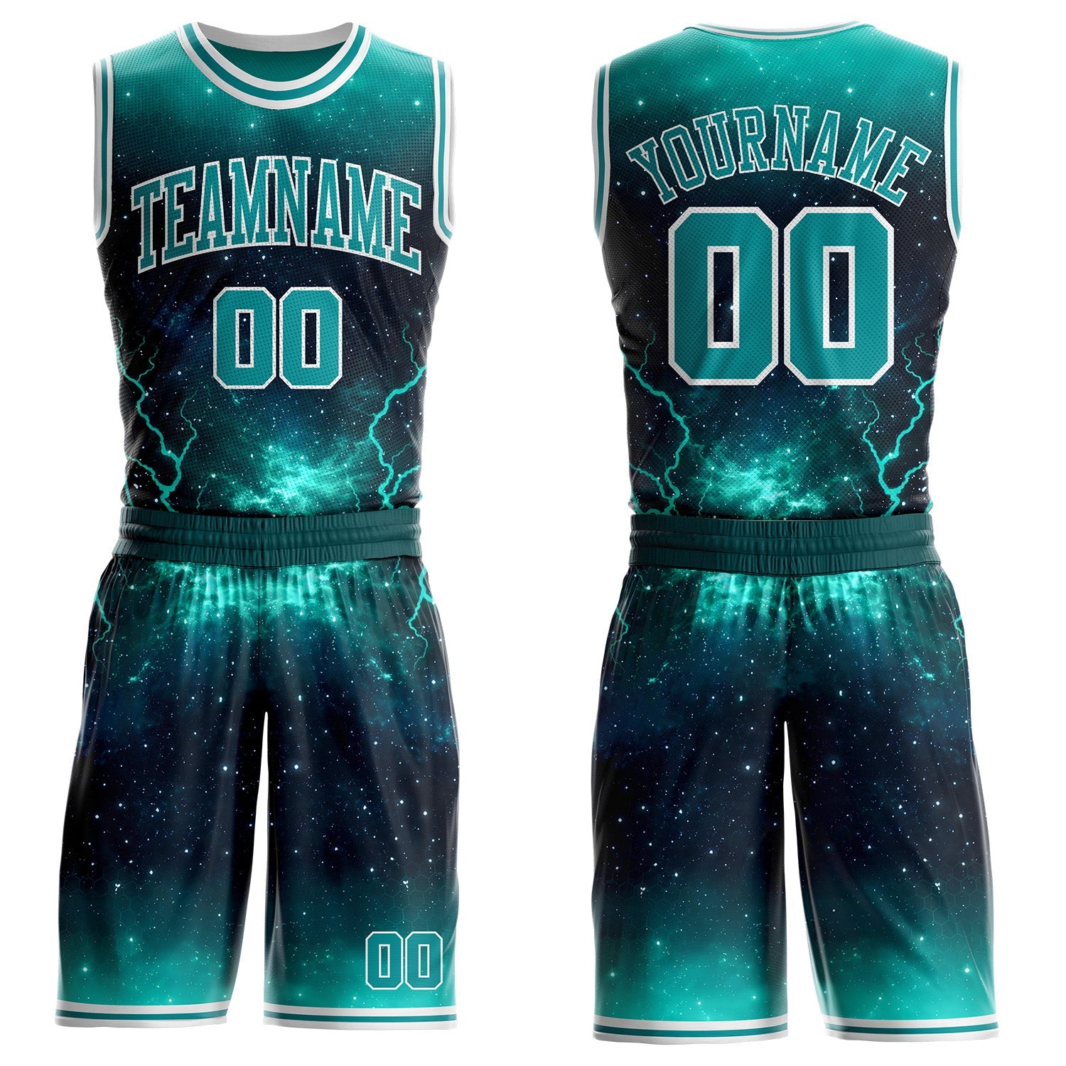 Custom Blue Teal-White Lightning Nebula Starry Aurora Galaxy Space Round Neck Sublimation Basketball Uniform Jersey - Main View