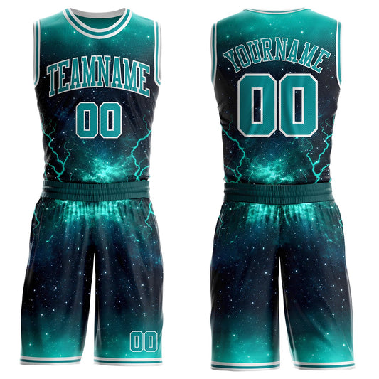 Custom Blue Teal-White Lightning Nebula Starry Aurora Galaxy Space Round Neck Sublimation Basketball Uniform Jersey - Main View