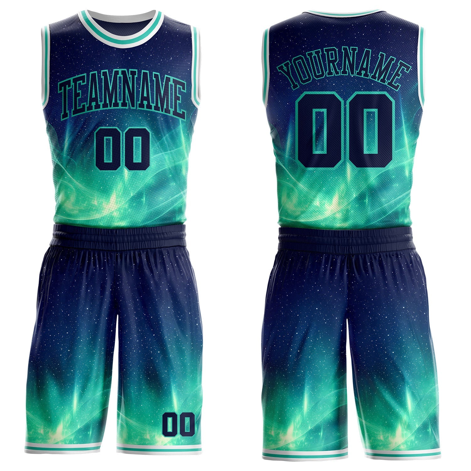 Custom Blue Green-White Nebula Starry Aurora Galaxy Space Round Neck Sublimation Basketball Uniform Jersey - Main View