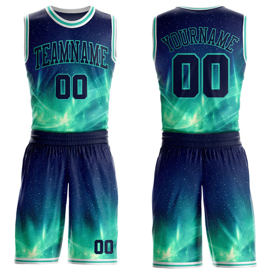 Custom Blue Green-White Nebula Starry Aurora Galaxy Space Round Neck Sublimation Basketball Uniform Jersey - Main View
