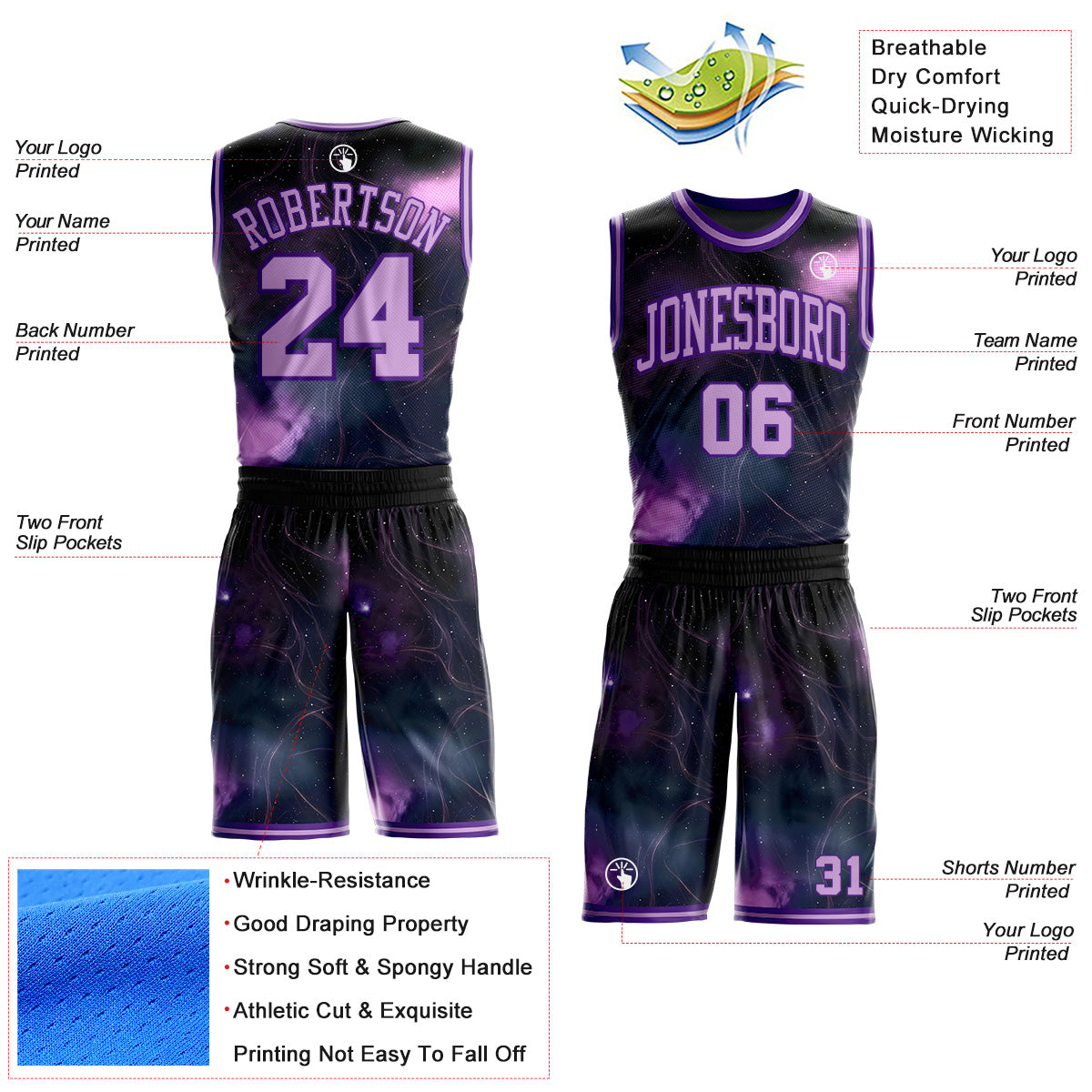 Custom Purple-Light Purple Nebula Starry Aurora Galaxy Space Round Neck Sublimation Basketball Uniform Jersey view 2