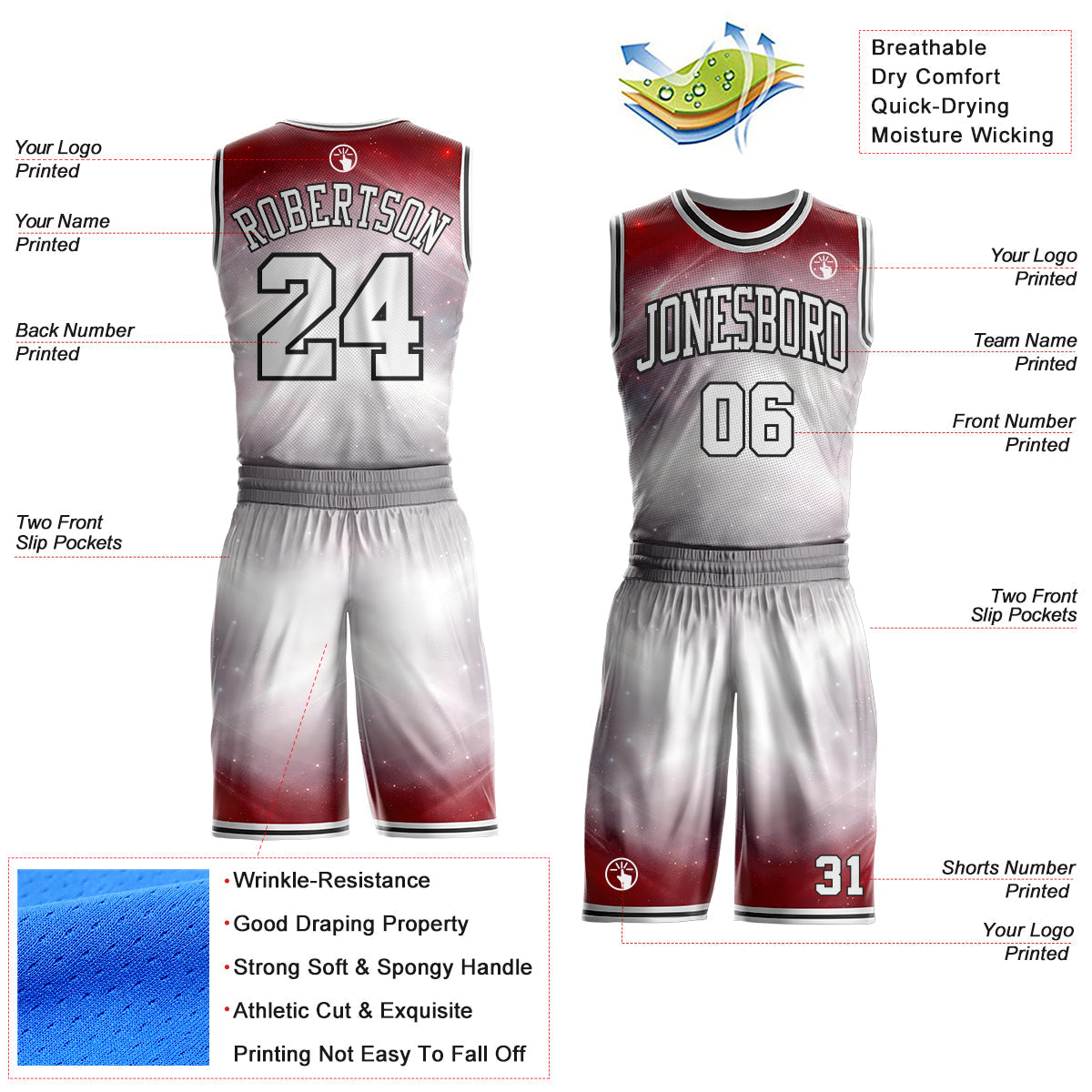 Custom Gray White Red-Black Nebula Starry Galaxy Space Round Neck Sublimation Basketball Uniform Jersey view 2