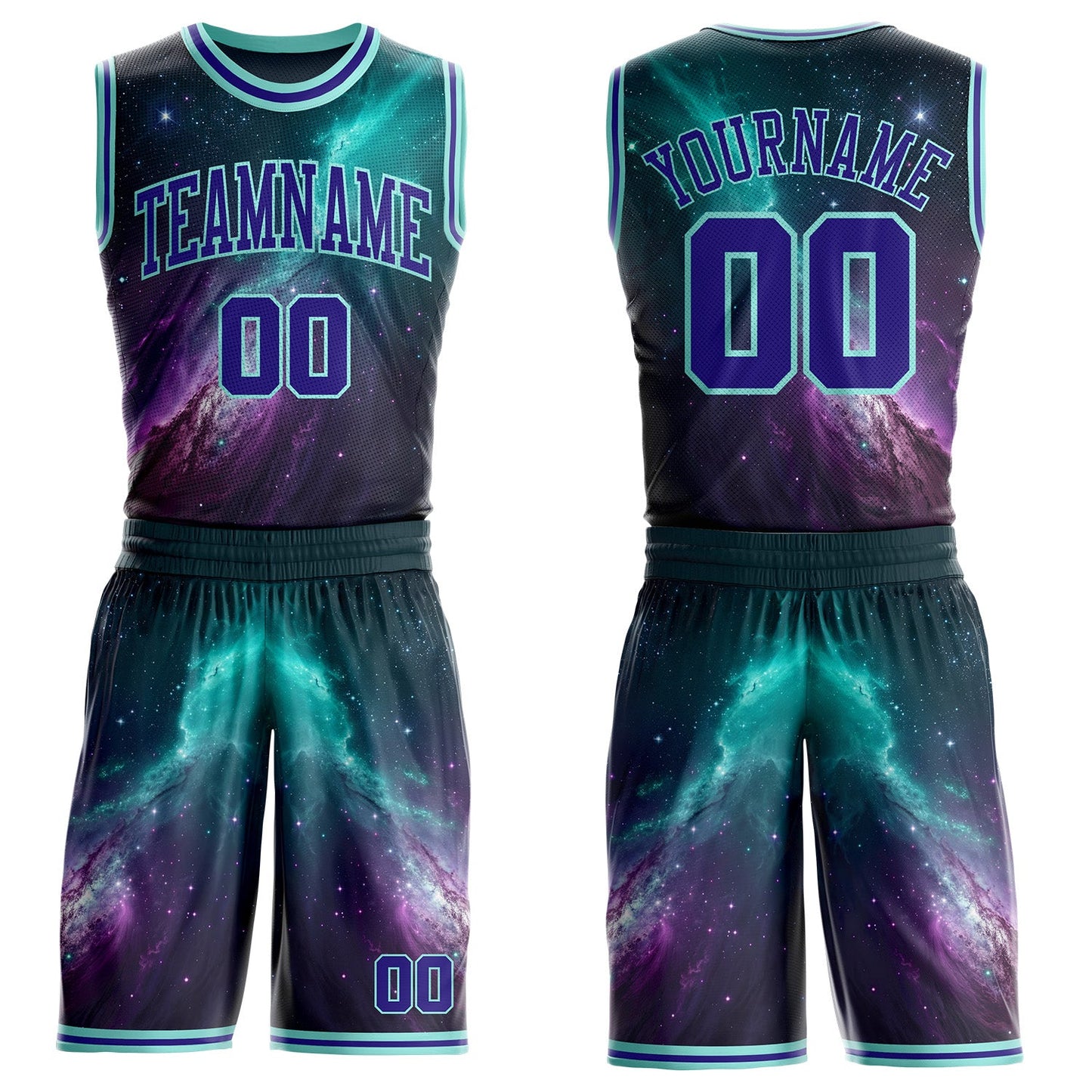 Custom Blue Dark Purple-Ice Blue Nebula Starry Aurora Galaxy Space Round Neck Sublimation Basketball Uniform Jersey - Main View