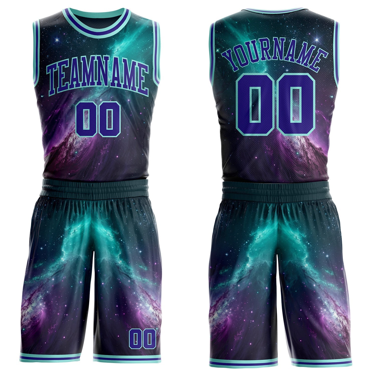 Custom Blue Dark Purple-Ice Blue Nebula Starry Aurora Galaxy Space Round Neck Sublimation Basketball Uniform Jersey - Main View