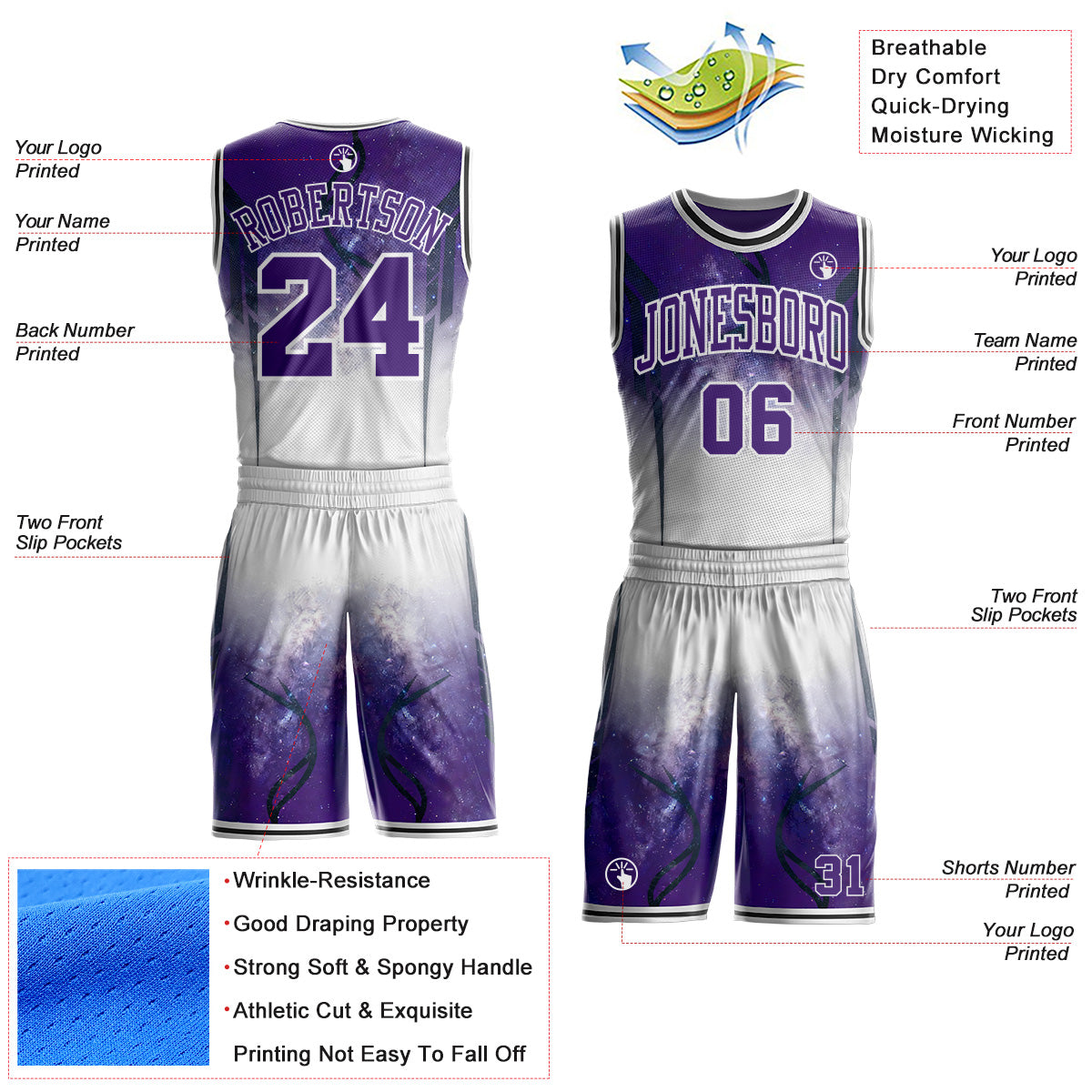 Custom Purple White-Black Nebula Starry Galaxy Space Round Neck Sublimation Basketball Uniform Jersey view 2