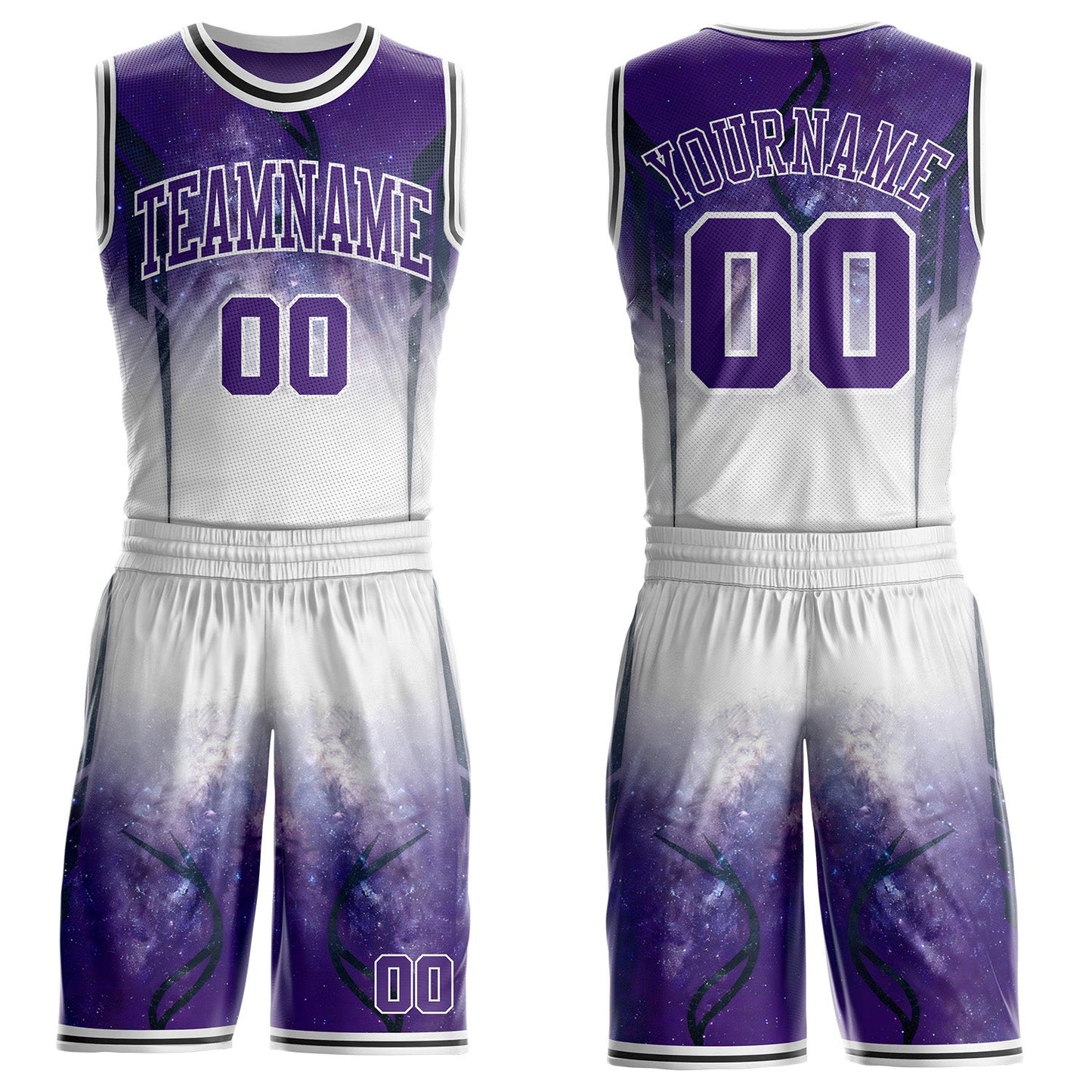 Custom Purple White-Black Nebula Starry Galaxy Space Round Neck Sublimation Basketball Uniform Jersey - Main View