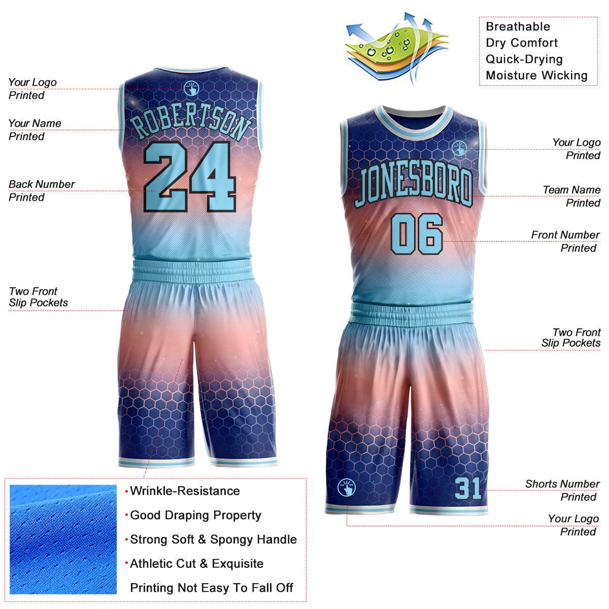 Custom Blue Light Pink Black-White Nebula Starry Galaxy Space Geometric Honeycomb Round Neck Sublimation Basketball Uniform Jersey view 2