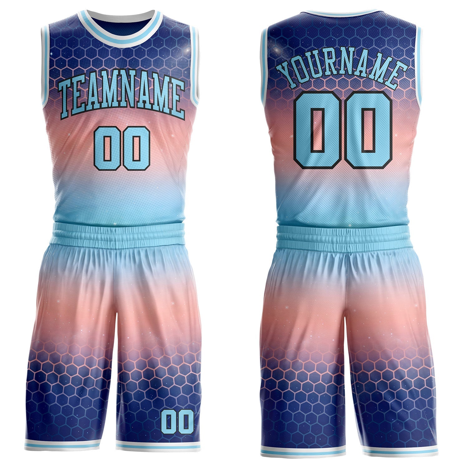 Custom Blue Light Pink Black-White Nebula Starry Galaxy Space Geometric Honeycomb Round Neck Sublimation Basketball Uniform Jersey - Main View
