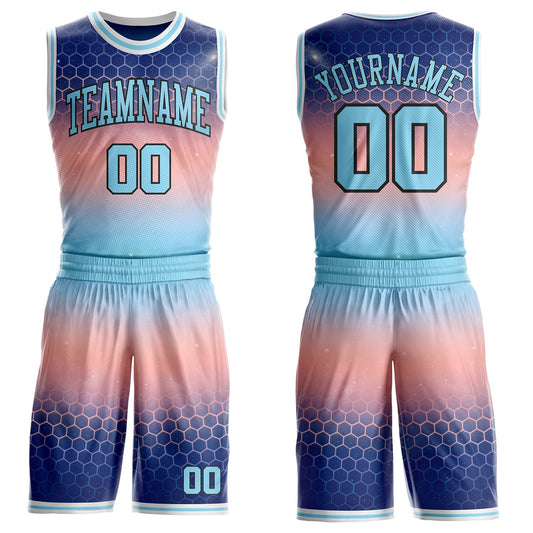 Custom Blue Light Pink Black-White Nebula Starry Galaxy Space Geometric Honeycomb Round Neck Sublimation Basketball Uniform Jersey - Main View