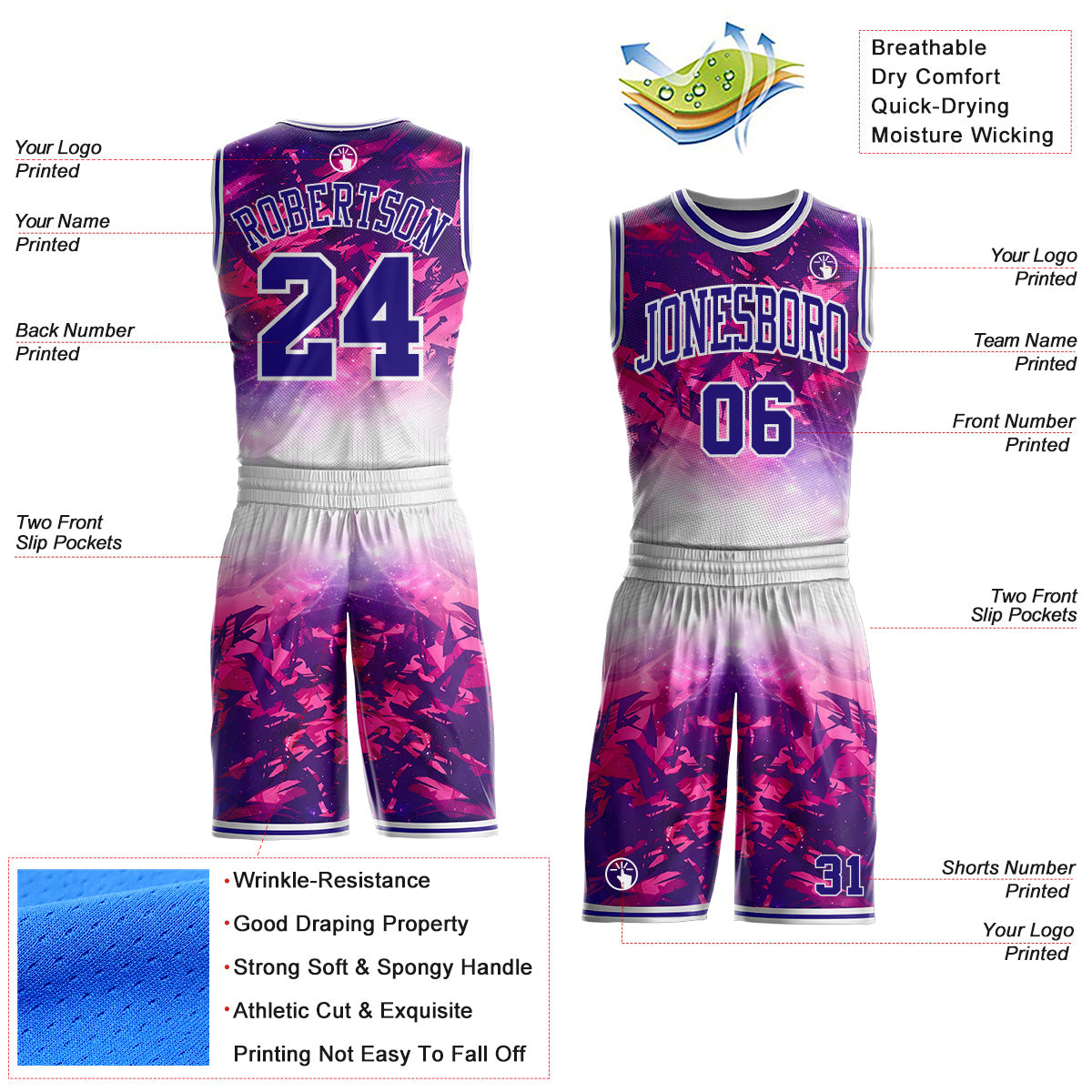 Custom White Dark Purple-Pink Nebula Starry Galaxy Space Round Neck Sublimation Basketball Uniform Jersey view 2