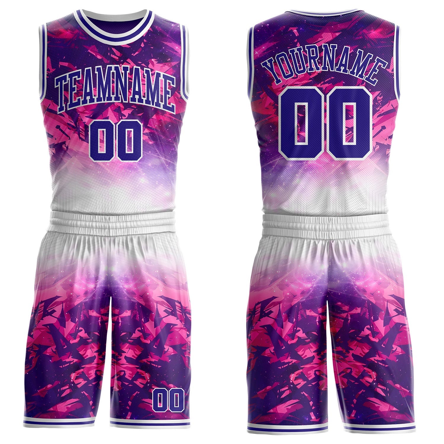 Custom White Dark Purple-Pink Nebula Starry Galaxy Space Round Neck Sublimation Basketball Uniform Jersey - Main View