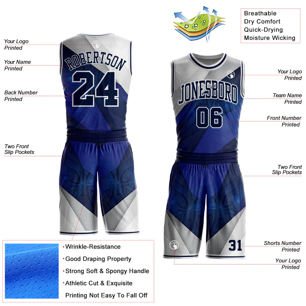 Custom Blue-White Nebula Starry Galaxy Space Round Neck Sublimation Basketball Uniform Jersey view 2