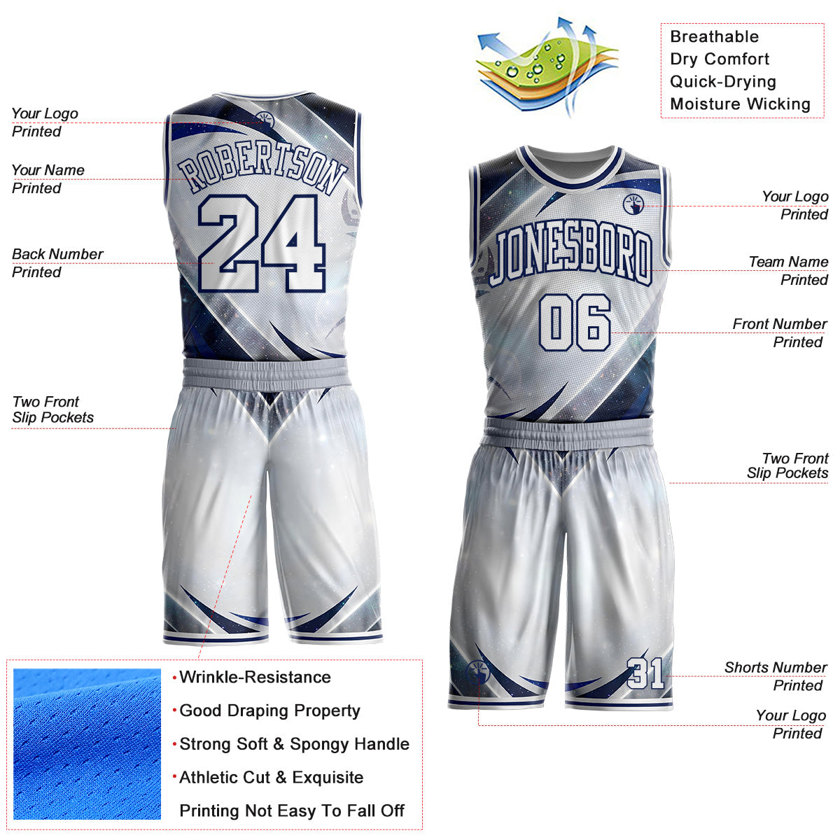 Custom White Gray-Navy Nebula Starry Galaxy Space Round Neck Sublimation Basketball Uniform Jersey view 2