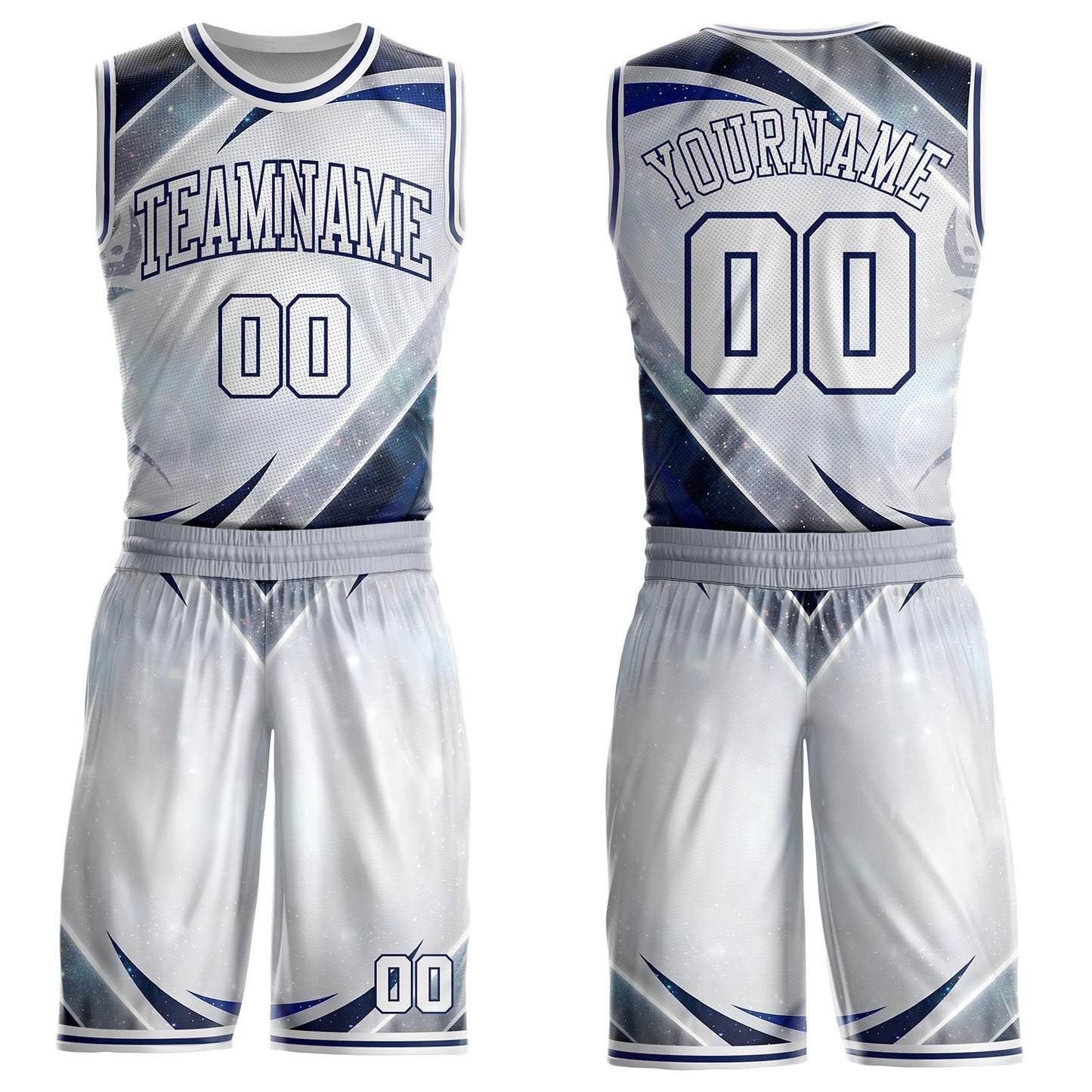 Custom White Gray-Navy Nebula Starry Galaxy Space Round Neck Sublimation Basketball Uniform Jersey - Main View