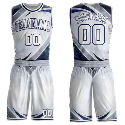 Custom White Gray-Navy Nebula Starry Galaxy Space Round Neck Sublimation Basketball Uniform Jersey - Main View