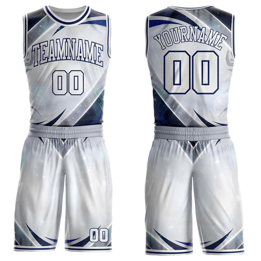 Custom White Gray-Navy Nebula Starry Galaxy Space Round Neck Sublimation Basketball Uniform Jersey - Main View