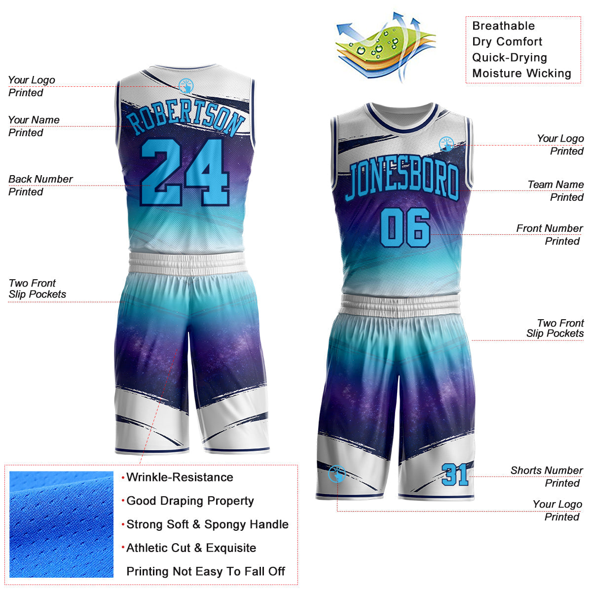 Custom White Sky Blue Purple-Navy Nebula Starry Galaxy Space Round Neck Sublimation Basketball Uniform Jersey view 2