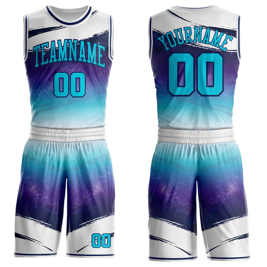 Custom White Sky Blue Purple-Navy Nebula Starry Galaxy Space Round Neck Sublimation Basketball Uniform Jersey - Main View