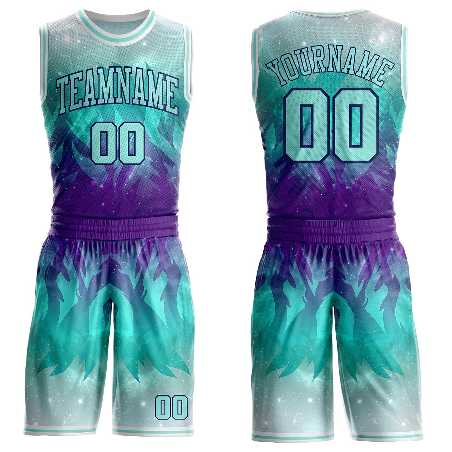 Custom Ice Blue Purple Navy-White Nebula Starry Galaxy Space Round Neck Sublimation Basketball Uniform Jersey - Main View