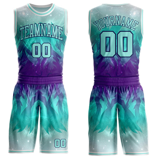Custom Ice Blue Purple Navy-White Nebula Starry Galaxy Space Round Neck Sublimation Basketball Uniform Jersey - Main View