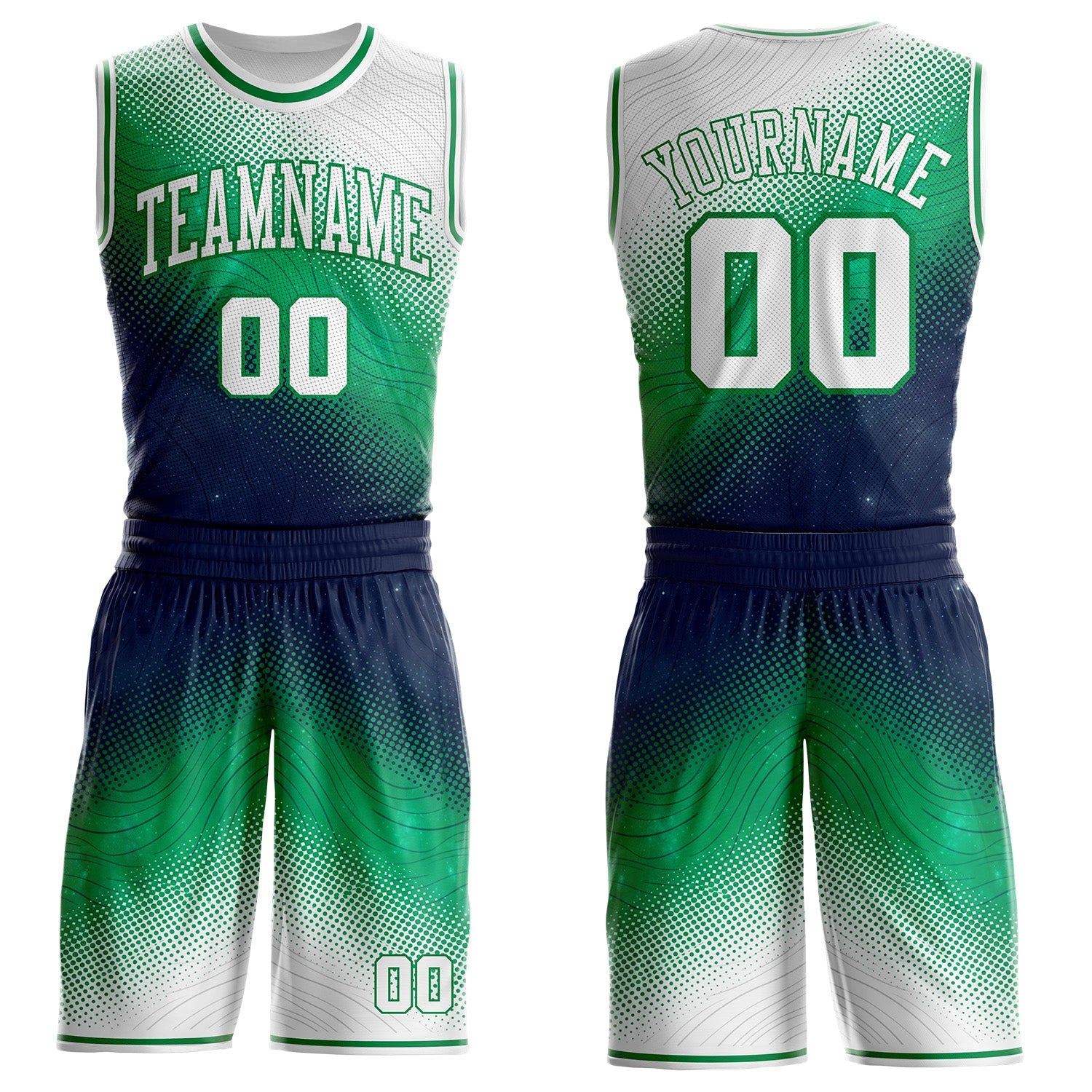 Custom White Blue-Green Nebula Starry Galaxy Space Geometric Dot Round Neck Sublimation Basketball Uniform Jersey - Main View